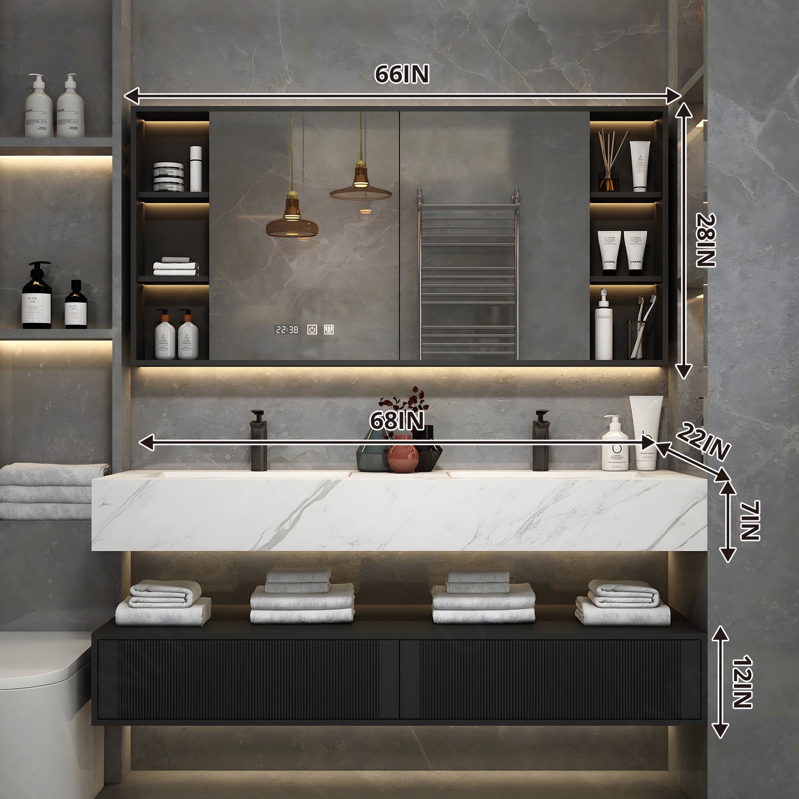 Modern Bath Vanity Set, Gray, Split White Top, 52"-78", Double, Floating, Striped Panel, Smart LED Mirror, Rear/Side Cabinet