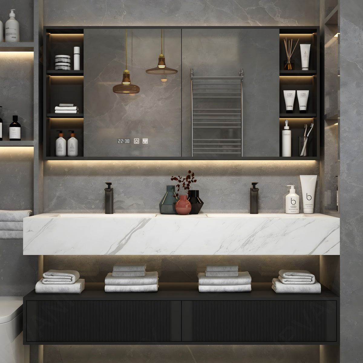 Modern Bath Vanity Set, Gray, Split White Top, 52"-78", Double, Floating, Striped Panel, Smart LED Mirror, Rear/Side Cabinet