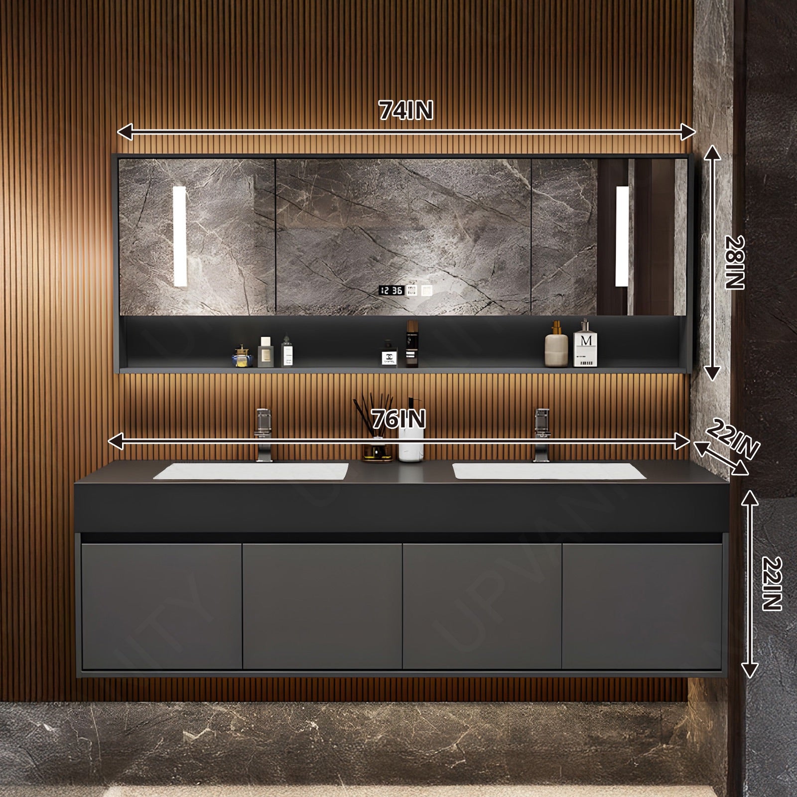 Modern Bath Vanity Set, Gray, Square Panel, 52"- 78", Double, Floating, Minimalist, Smart LED Mirror, Rear Cabinet