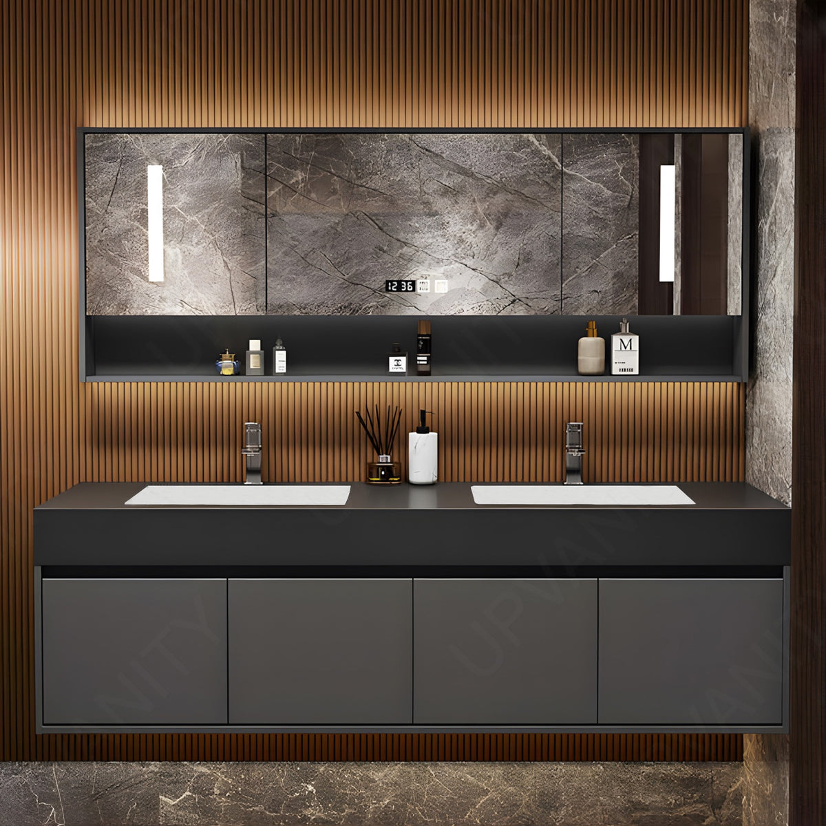 Modern Bath Vanity Set, Gray, Square Panel, 52"- 78", Double, Floating, Minimalist, Smart LED Mirror, Rear Cabinet
