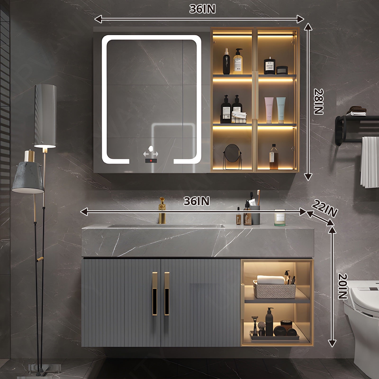 Modern Bath Vanity Set, Gray, Striped Panel, 32"-56", Single, Floating, Glass Door, Smart LED Mirror, Rear/Side Cabinet