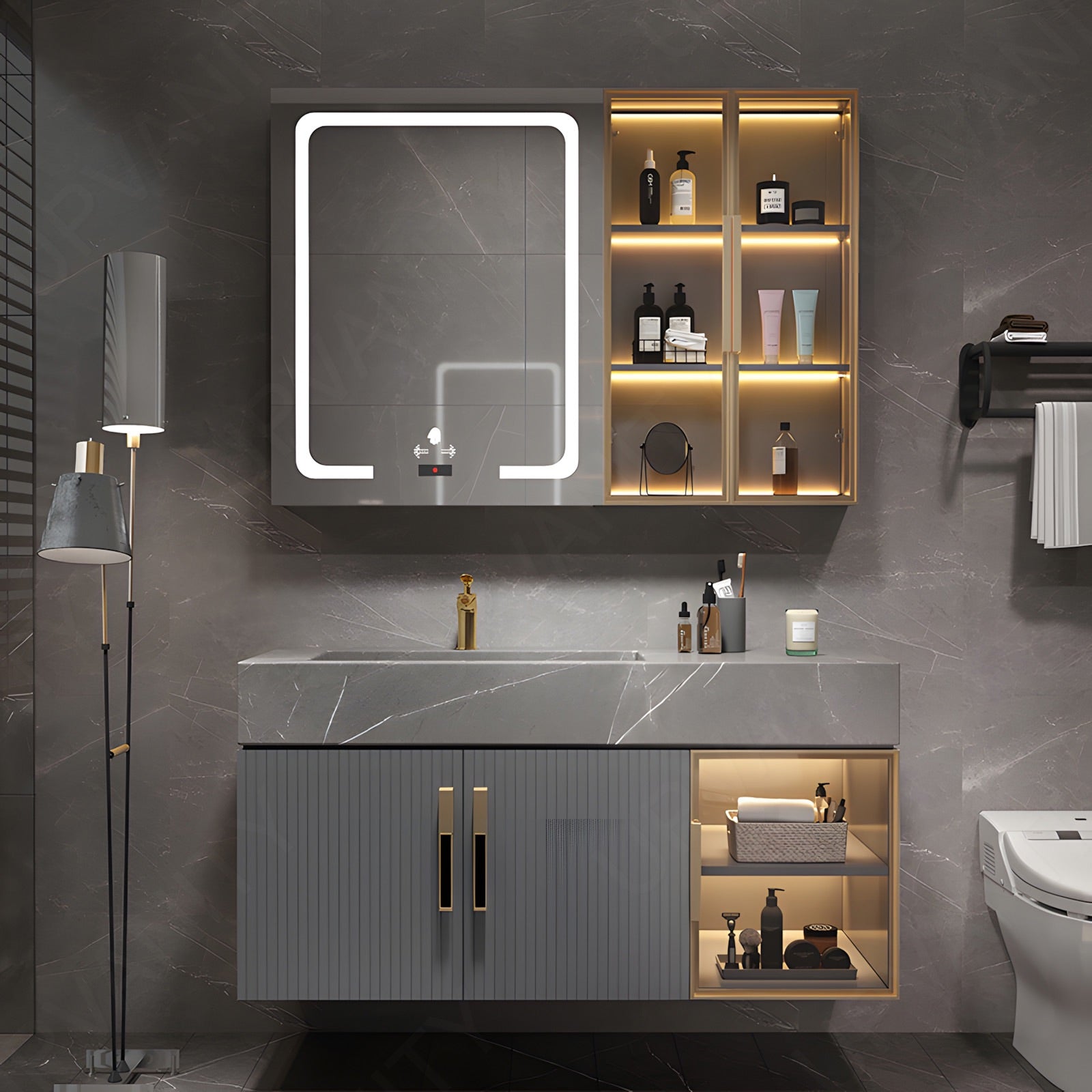 Modern Bath Vanity Set, Gray, Striped Panel, 32"-56", Single, Floating, Glass Door, Smart LED Mirror, Rear/Side Cabinet