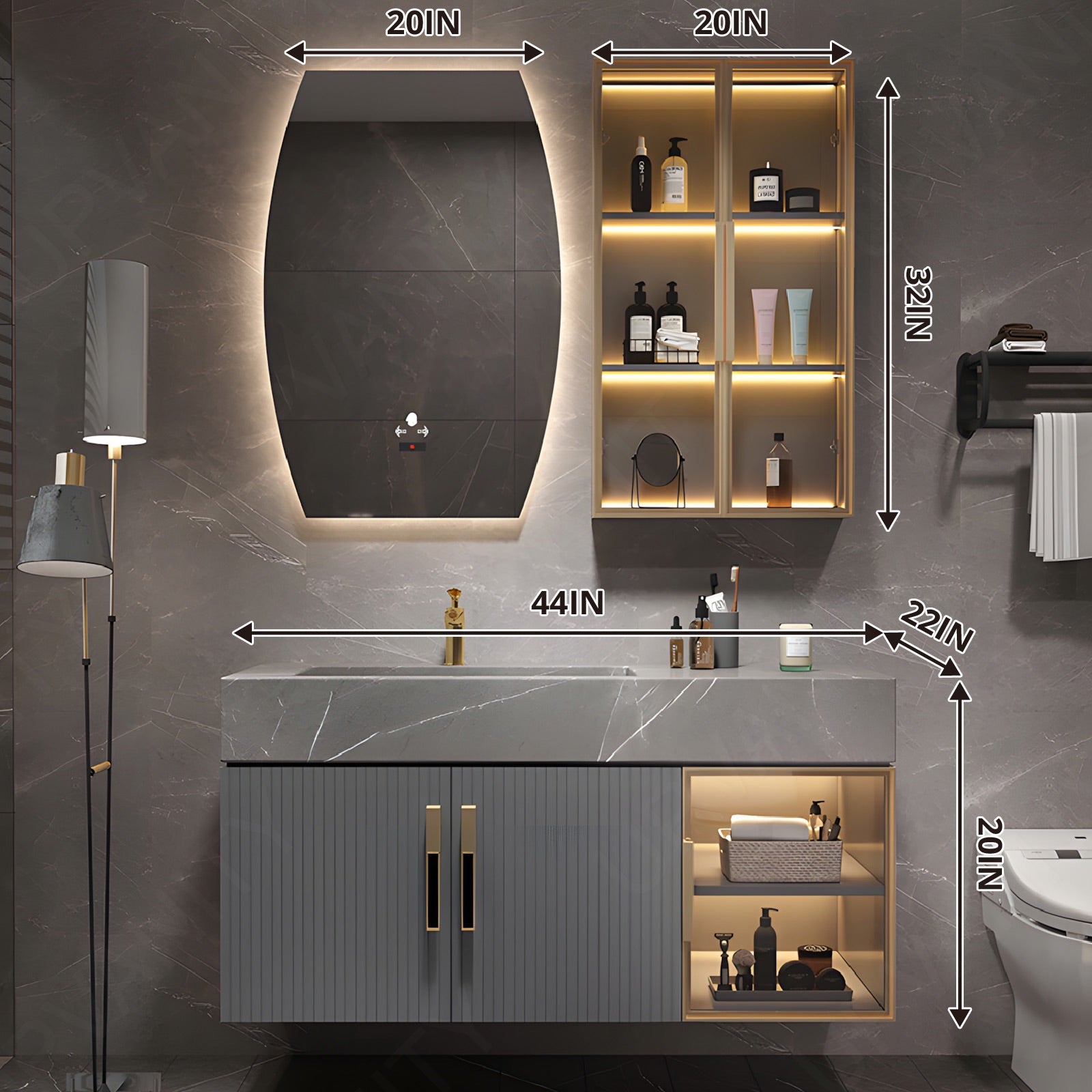 Modern Bath Vanity Set, Gray, Striped Panel, 32"-56", Single, Floating, Glass Door, Smart LED Mirror, Side Cabinet