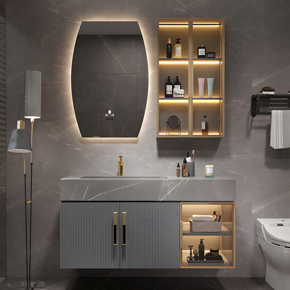 Modern Bath Vanity Set, Gray, Striped Panel, 32"-56", Single, Floating, Glass Door, Smart LED Mirror, Side Cabinet