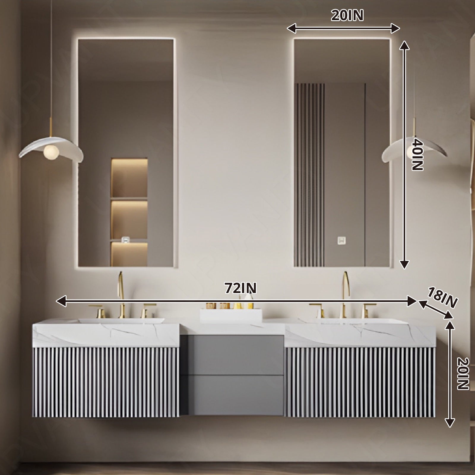 Modern Bath Vanity Set, Gray, Striped Panel, 32"-78", Single/Double, Floating, Dual Smart LED Mirror