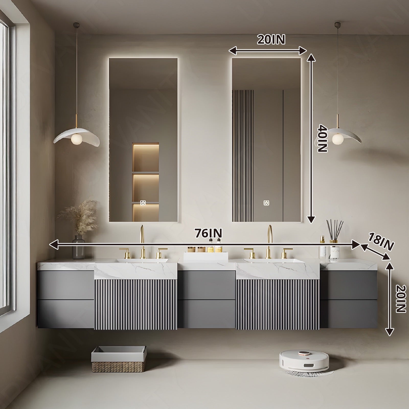 Modern Bath Vanity Set, Gray, Striped Panel, 32"-78", Single/Double, Floating, Dual Smart LED Mirror