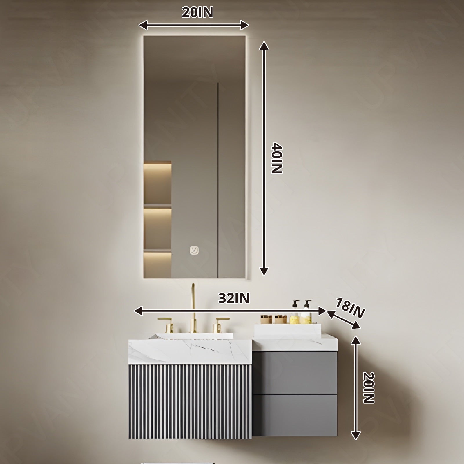 Modern Bath Vanity Set, Gray, Striped Panel, 32"-78", Single/Double, Floating, Dual Smart LED Mirror