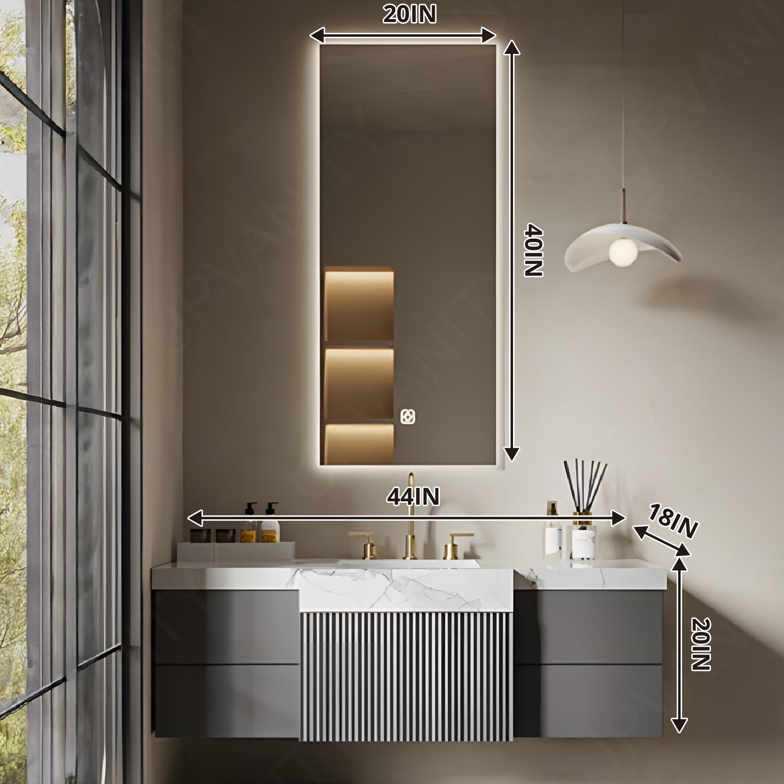 Modern Bath Vanity Set, Gray, Striped Panel, 32"-78", Single/Double, Floating, Dual Smart LED Mirror