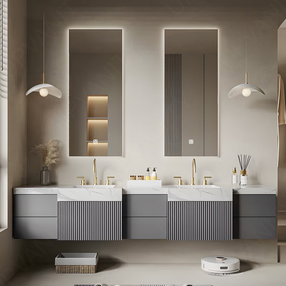 Modern Bath Vanity Set, Gray, Striped Panel, 32"-78", Single/Double, Floating, Dual Smart LED Mirror