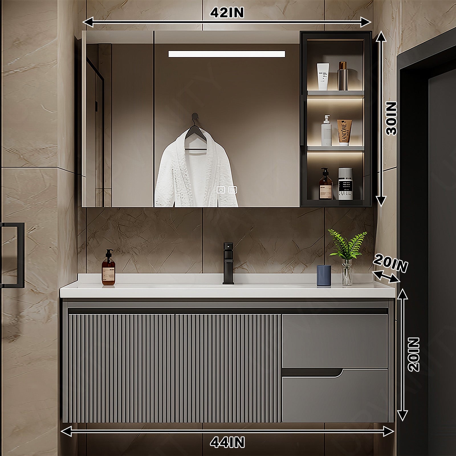 Modern Bath Vanity Set, Gray, Striped Panel, 36"- 44", Single, Floating, Smart LED Mirror, Rear and Side Cabinets