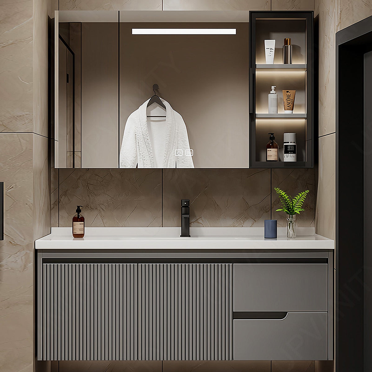 Modern Bath Vanity Set, Gray, Striped Panel, 36"- 44", Single, Floating, Smart LED Mirror, Rear and Side Cabinets