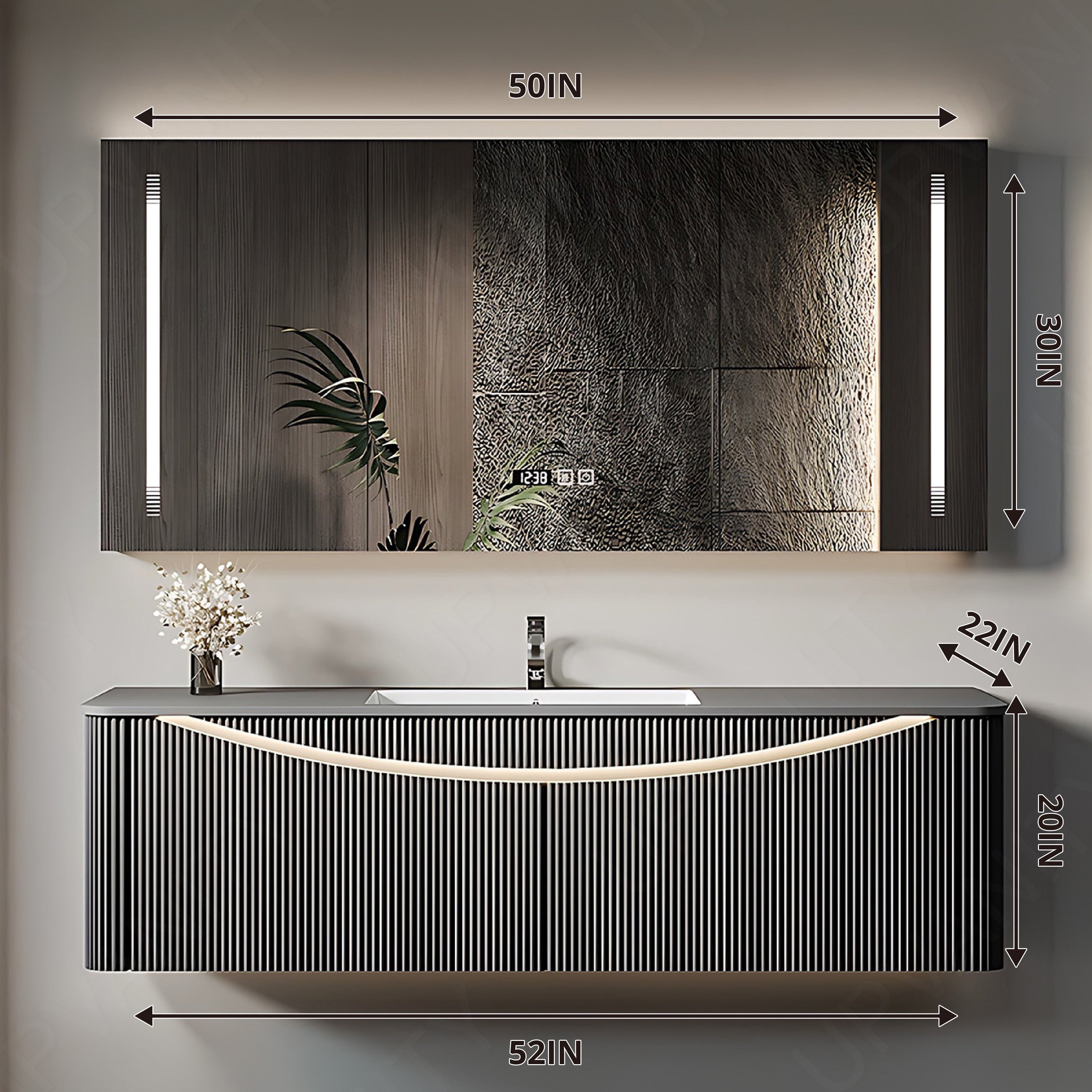 Modern Bath Vanity Set, Gray, Striped Panel, 36"- 60", Single, Floating, Smart LED Mirror, Rear Cabinet