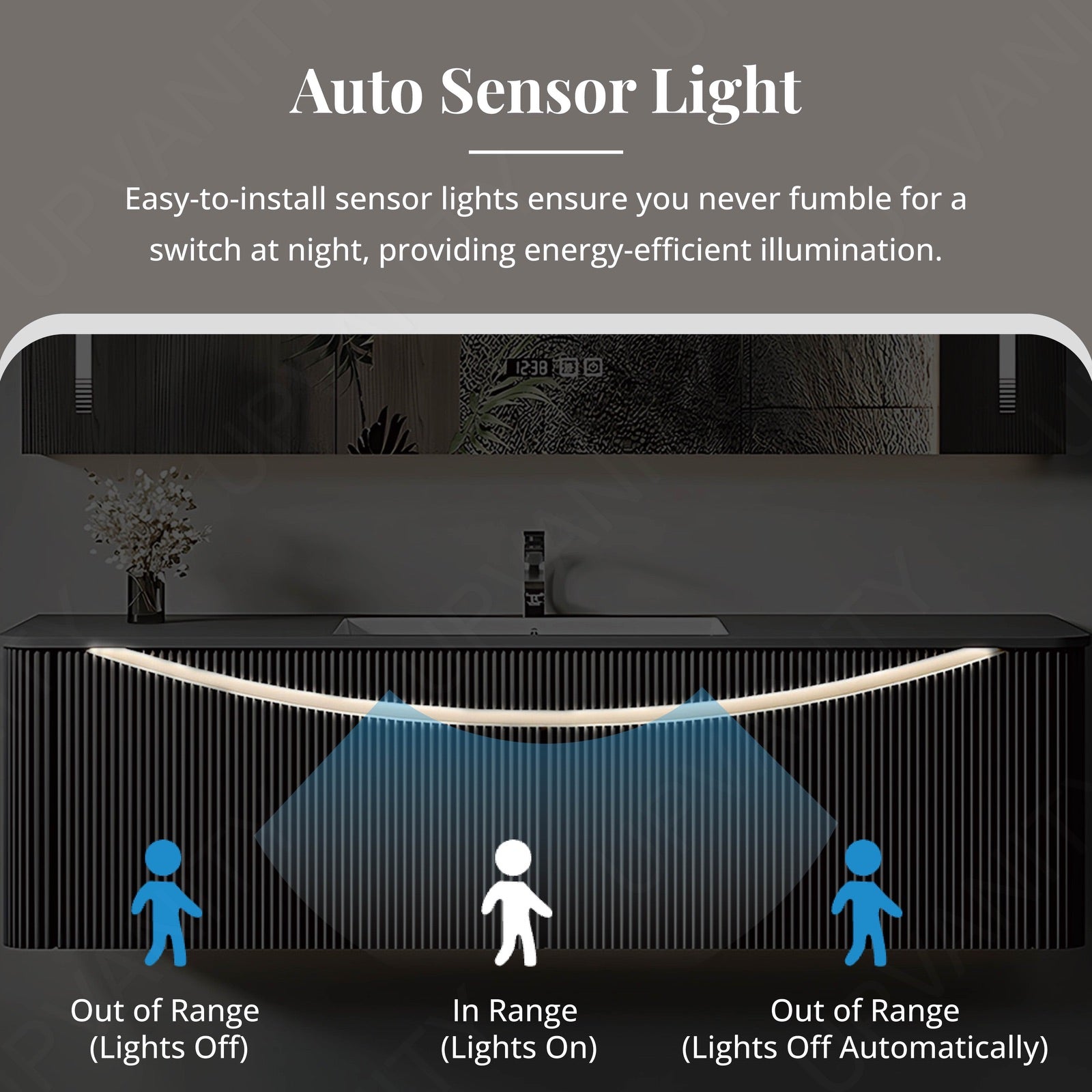 Modern Bath Vanity Set, Gray, Striped Panel, 36"- 60", Single, Floating, Smart LED Mirror, Rear Cabinet