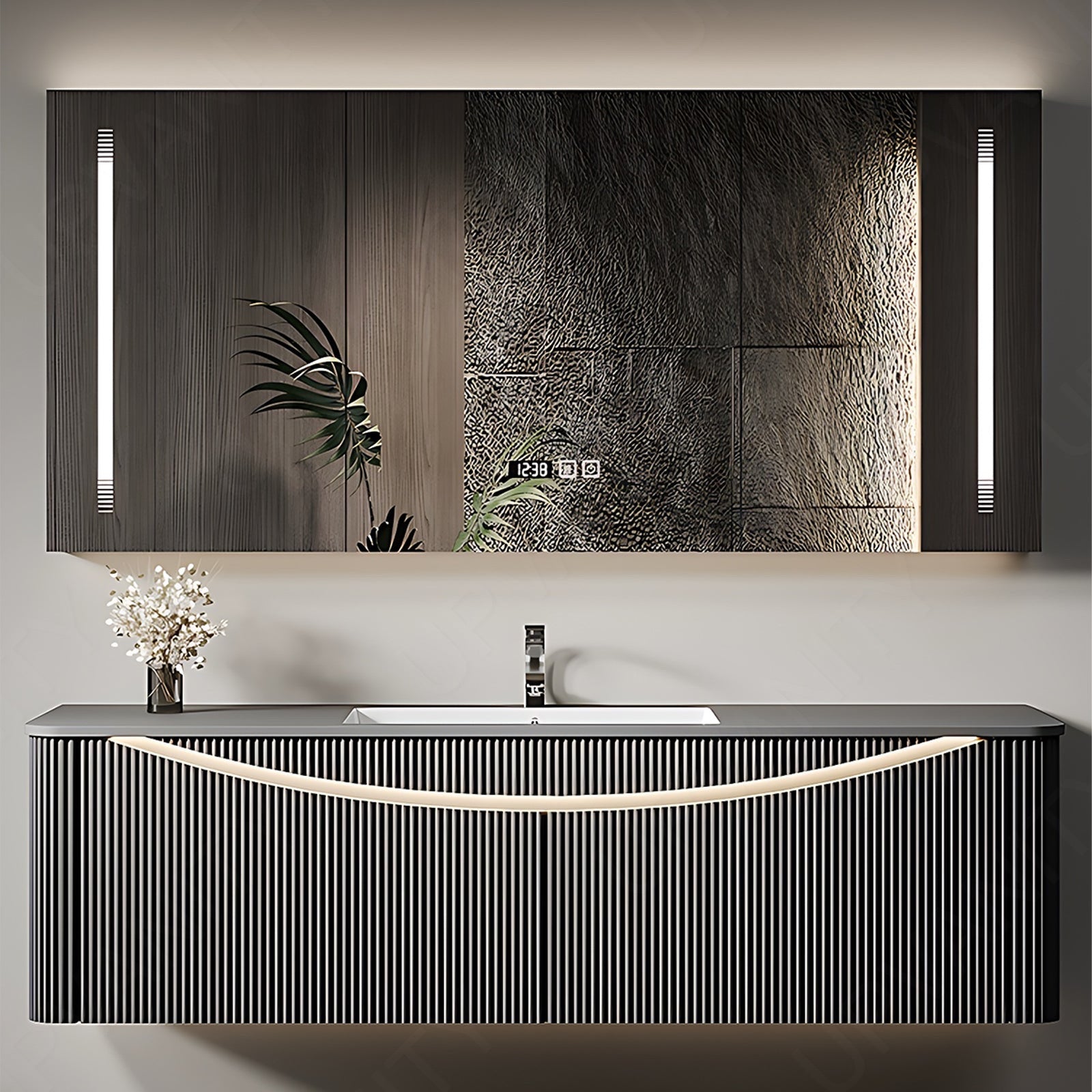 Modern Bath Vanity Set, Gray, Striped Panel, 36"- 60", Single, Floating, Smart LED Mirror, Rear Cabinet