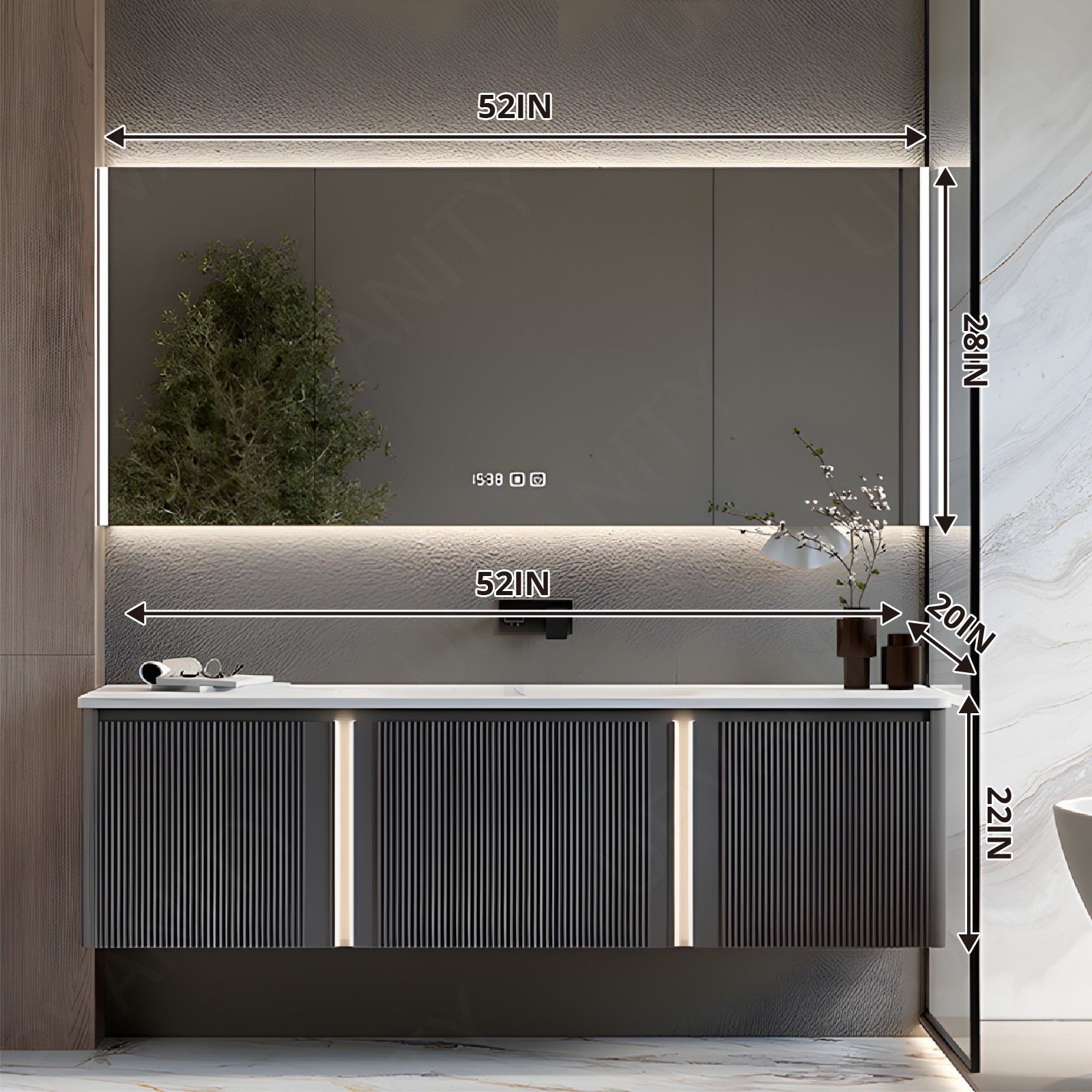 Modern Bath Vanity Set, Gray, Striped Panel, 40"-60", Single, Floating, Smart LED Mirror, Rear Cabinet, Sensor Light