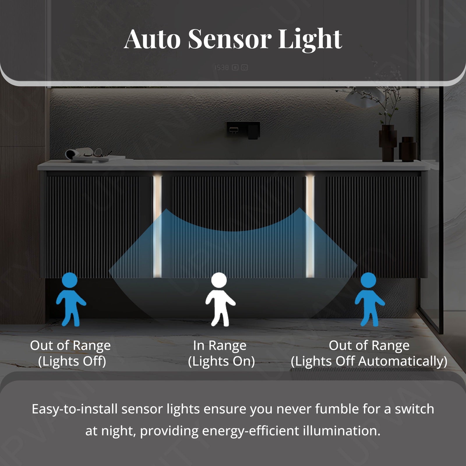 Modern Bath Vanity Set, Gray, Striped Panel, 40"-60", Single, Floating, Smart LED Mirror, Rear Cabinet, Sensor Light