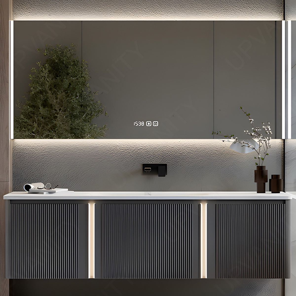 Modern Bath Vanity Set, Gray, Striped Panel, 40"-60", Single, Floating, Smart LED Mirror, Rear Cabinet, Sensor Light