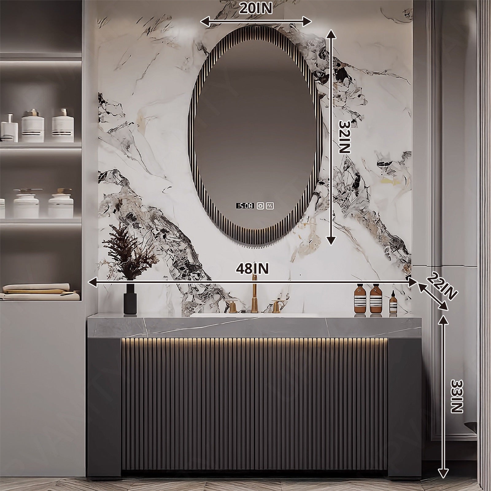 Modern Bath Vanity Set, Gray, Striped Panel, 40"- 60", Single, Freestanding, Oval Smart LED Mirror