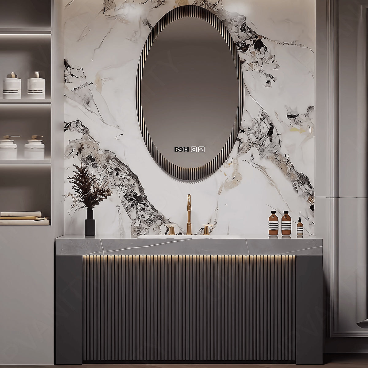 Modern Bath Vanity Set, Gray, Striped Panel, 40"- 60", Single, Freestanding, Oval Smart LED Mirror