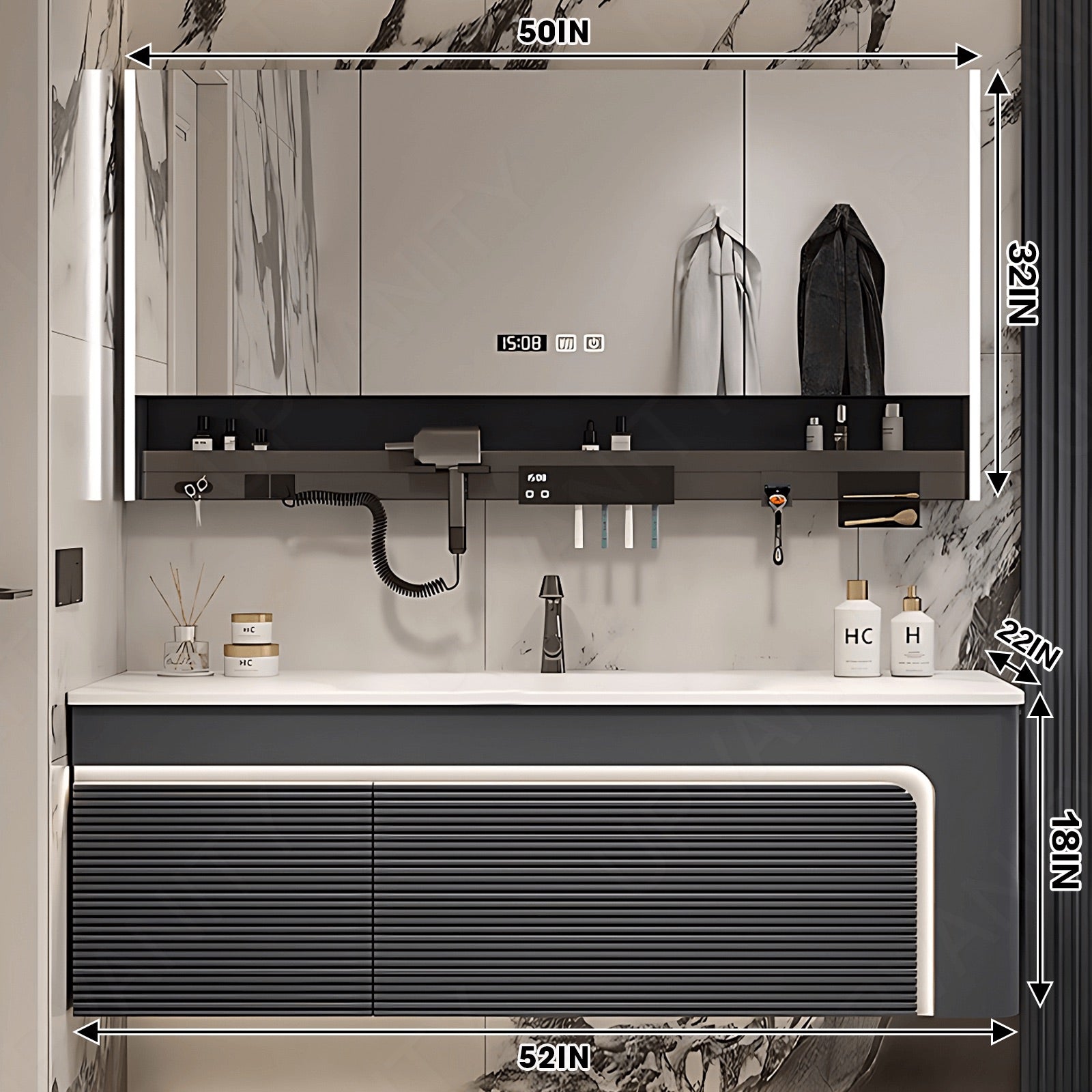 Modern Bath Vanity Set, Gray, Striped Panel, 40"- 72", Single, Floating, Sensor Light, Smart LED Mirror, Rear Cabinet, Storage Rack