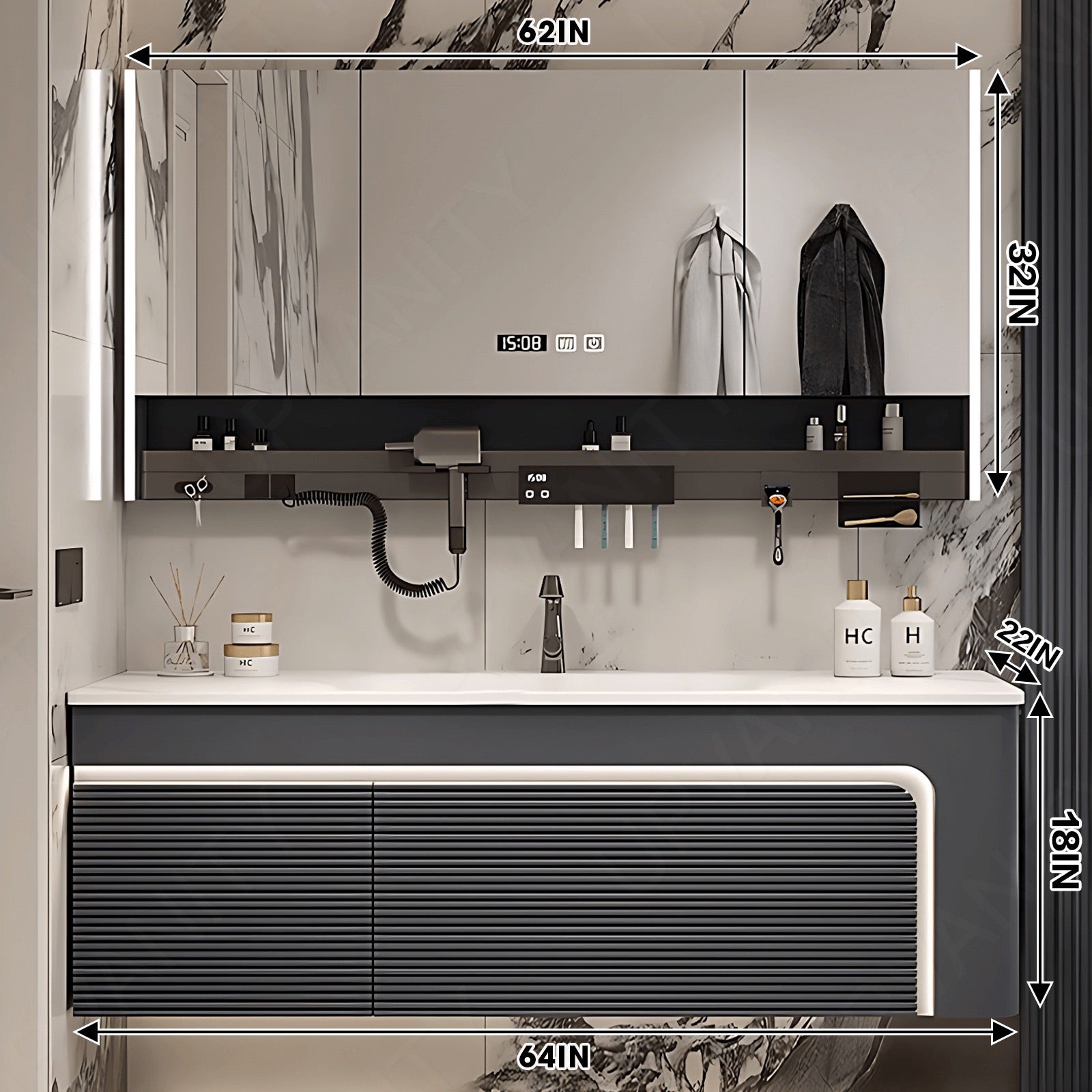 Modern Bath Vanity Set, Gray, Striped Panel, 40"- 72", Single, Floating, Sensor Light, Smart LED Mirror, Rear Cabinet, Storage Rack