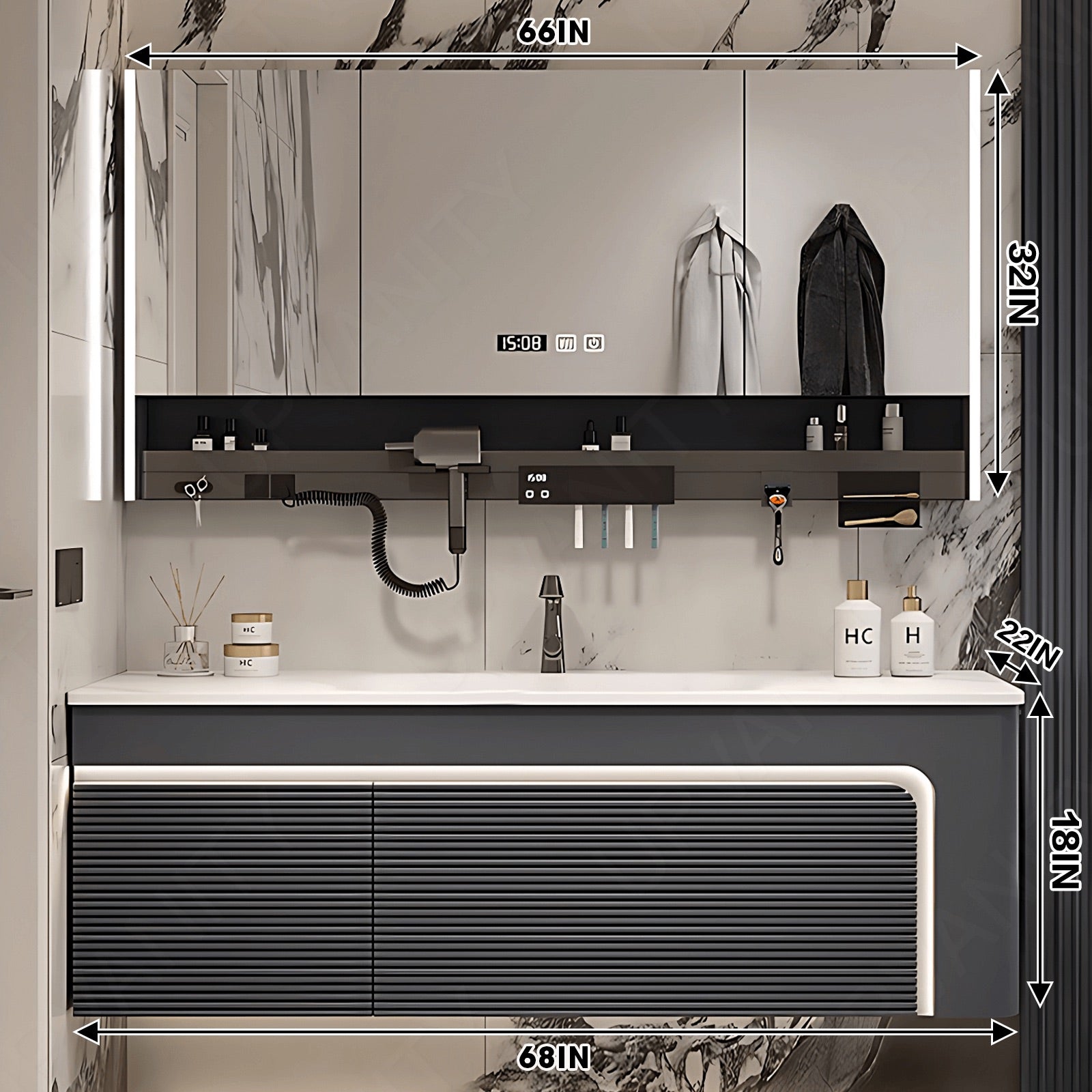 Modern Bath Vanity Set, Gray, Striped Panel, 40"- 72", Single, Floating, Sensor Light, Smart LED Mirror, Rear Cabinet, Storage Rack