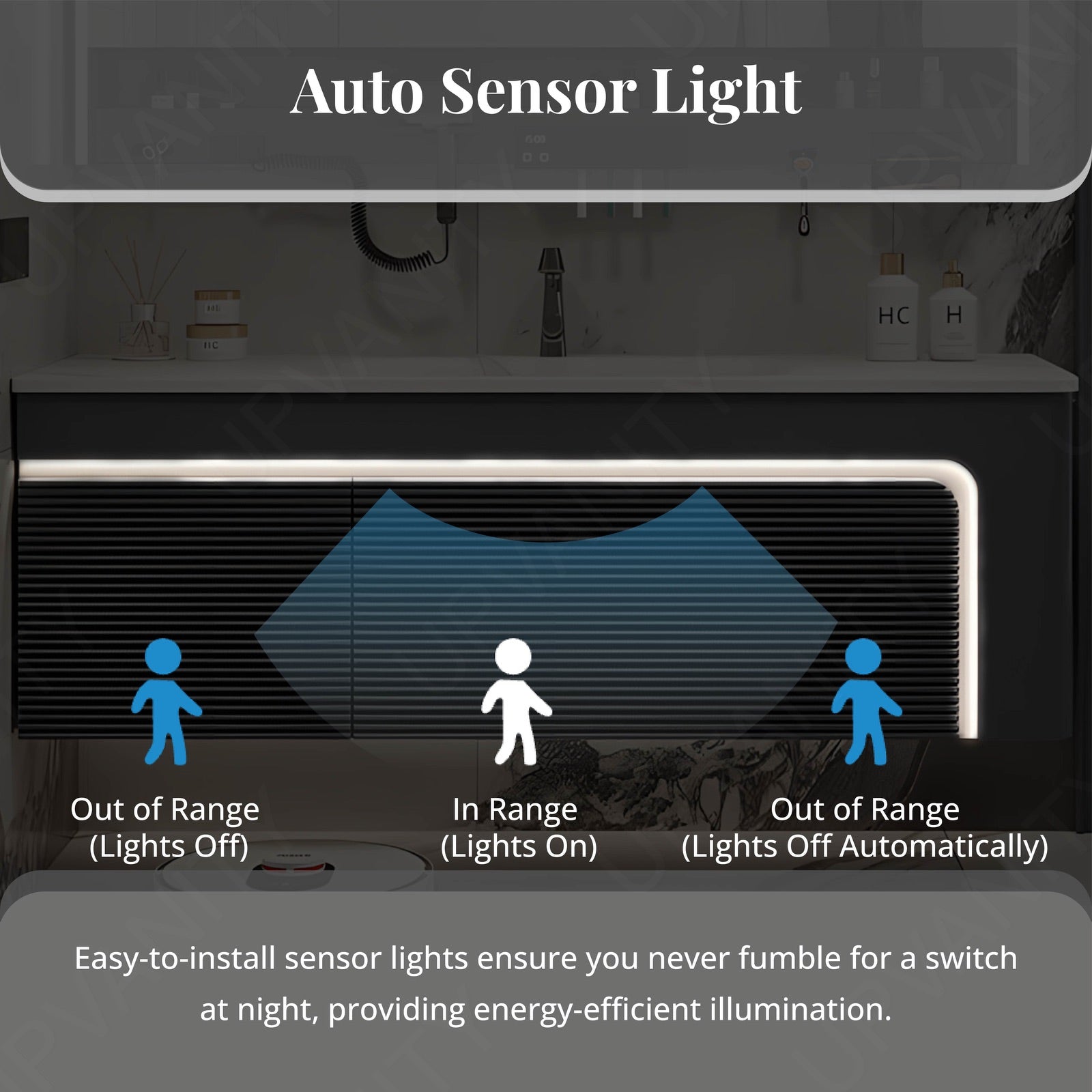 Modern Bath Vanity Set, Gray, Striped Panel, 40"- 72", Single, Floating, Sensor Light, Smart LED Mirror, Rear Cabinet, Storage Rack