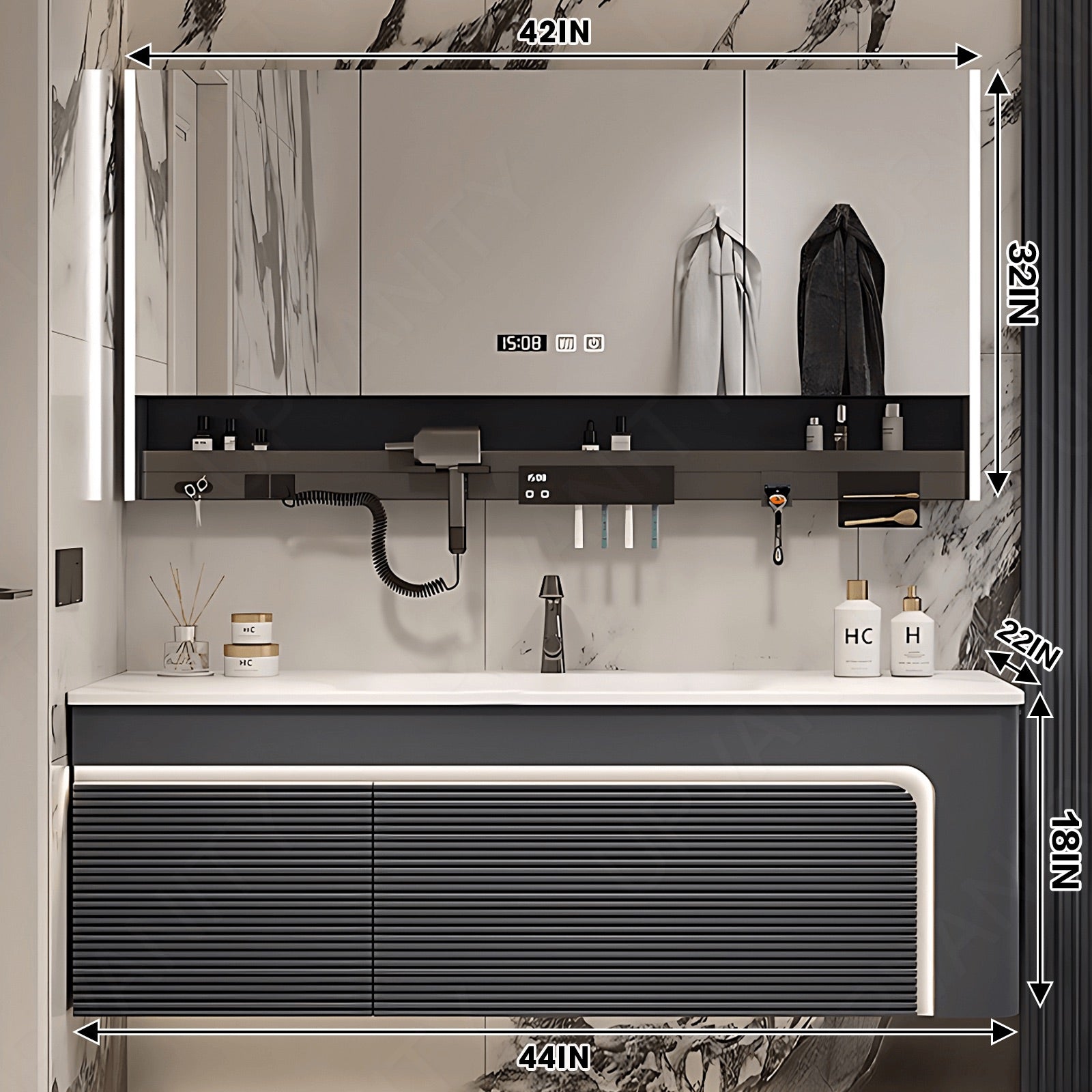 Modern Bath Vanity Set, Gray, Striped Panel, 40"- 72", Single, Floating, Sensor Light, Smart LED Mirror, Rear Cabinet, Storage Rack