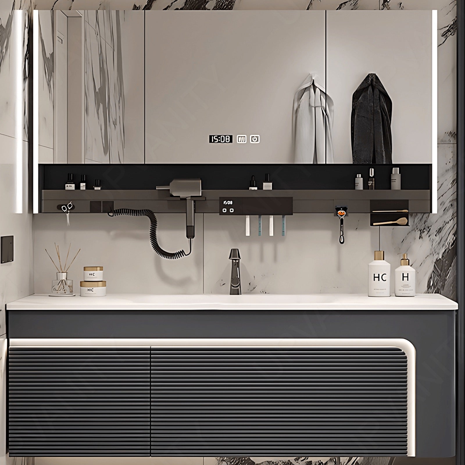 Modern Bath Vanity Set, Gray, Striped Panel, 40"- 72", Single, Floating, Sensor Light, Smart LED Mirror, Rear Cabinet, Storage Rack