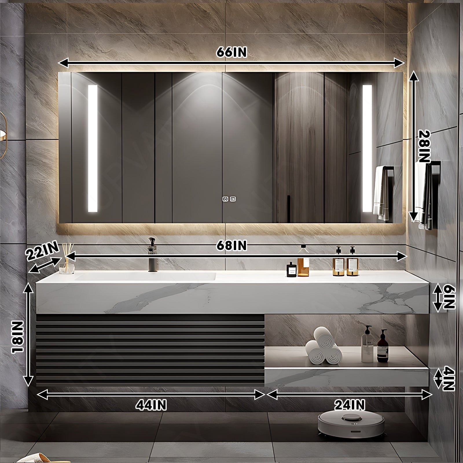 Modern Bath Vanity Set, Gray, Striped Panel, 40"- 72", Single, Floating, Smart LED Mirror, Rear Cabinet