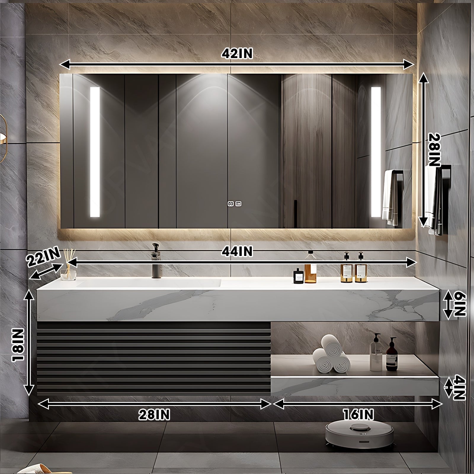 Modern Bath Vanity Set, Gray, Striped Panel, 40"- 72", Single, Floating, Smart LED Mirror, Rear Cabinet