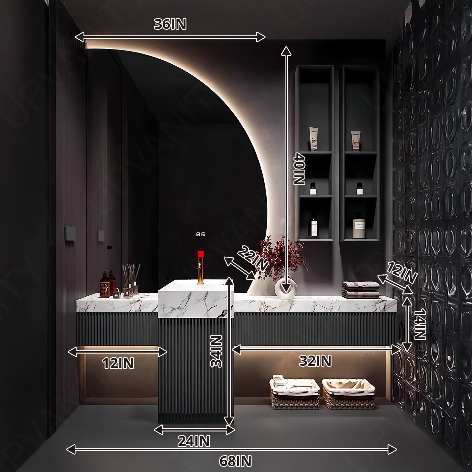 Modern Bath Vanity Set, Gray, Striped Panel, 56"- 72", Single, Freestanding, Irregular Smart LED Mirror, Side Cabinet