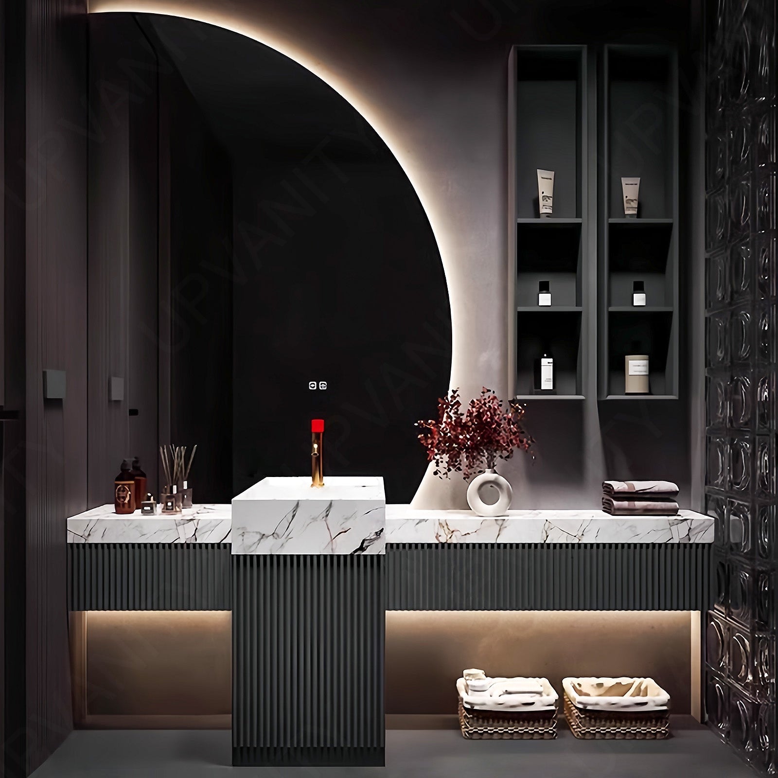 Modern Bath Vanity Set, Gray, Striped Panel, 56"- 72", Single, Freestanding, Irregular Smart LED Mirror, Side Cabinet