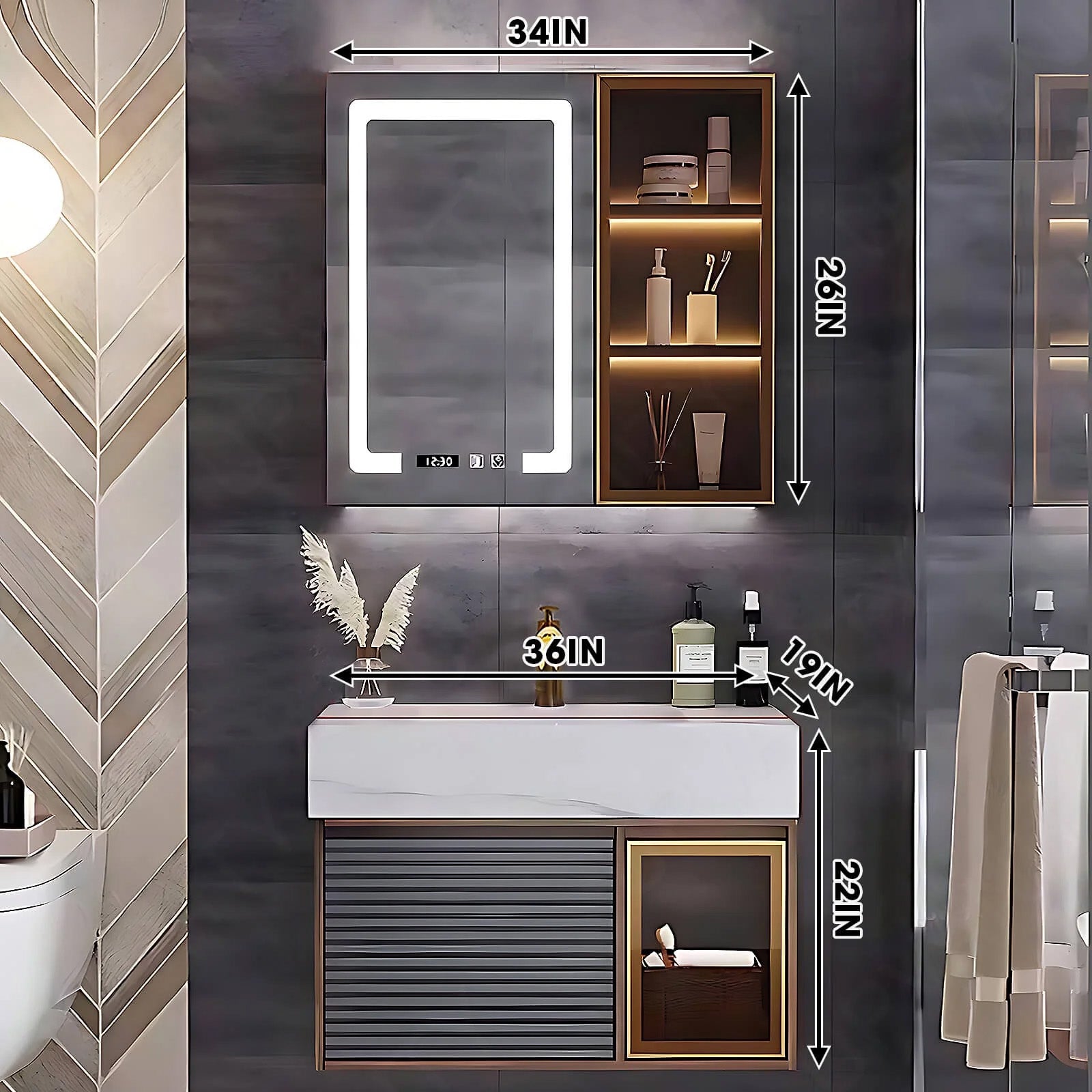 Modern Bath Vanity Set, Gray, Striped Panel, Glass Door, 36"- 52", Single, Floating, Sensor Light, Smart LED Mirror, Side Cabinet