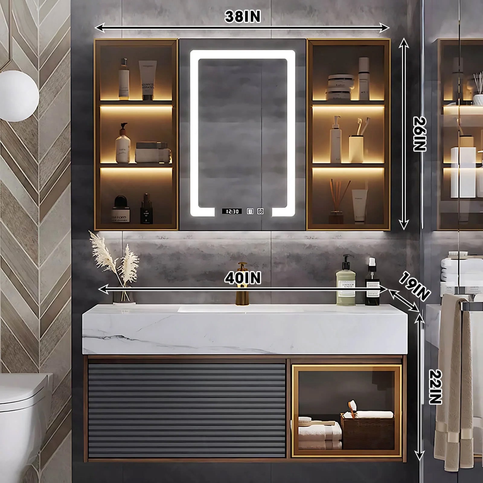 Modern Bath Vanity Set, Gray, Striped Panel, Glass Door, 36"- 52", Single, Floating, Sensor Light, Smart LED Mirror, Side Cabinet