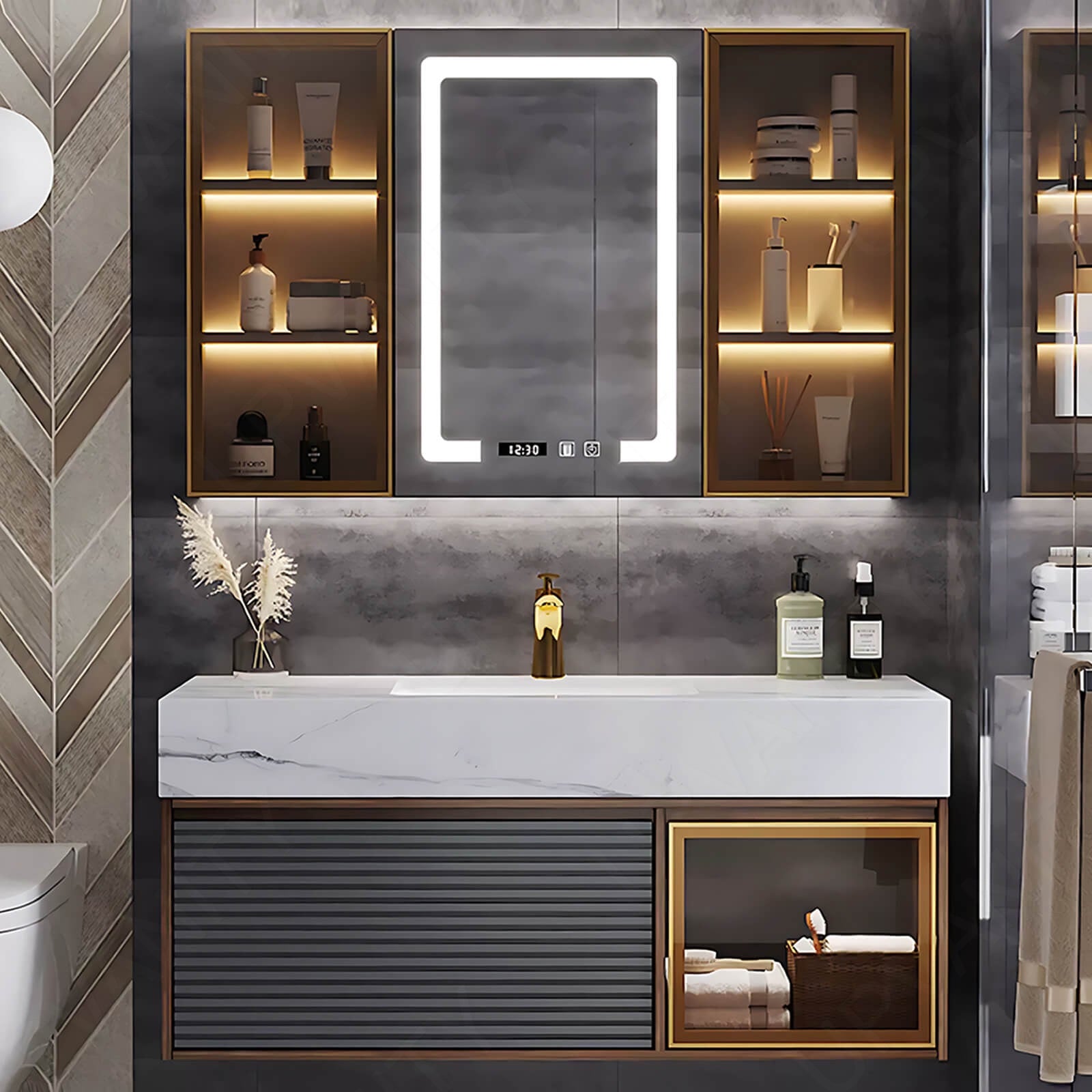 Modern Bath Vanity Set, Gray, Striped Panel, Glass Door, 36"- 52", Single, Floating, Sensor Light, Smart LED Mirror, Side Cabinet
