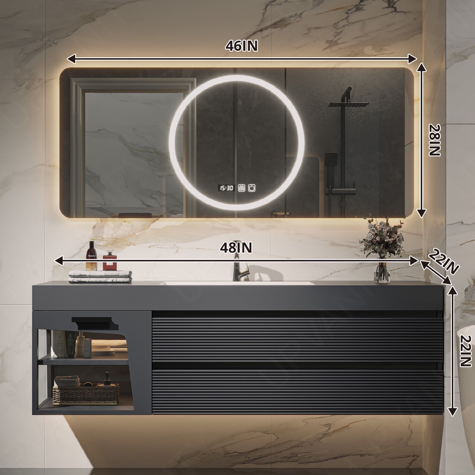 Modern Bath Vanity Set, Gray, Striped Panel, Glass Door, 40"-64", Single, Floating, Sectional Storage, Smart LED Mirror