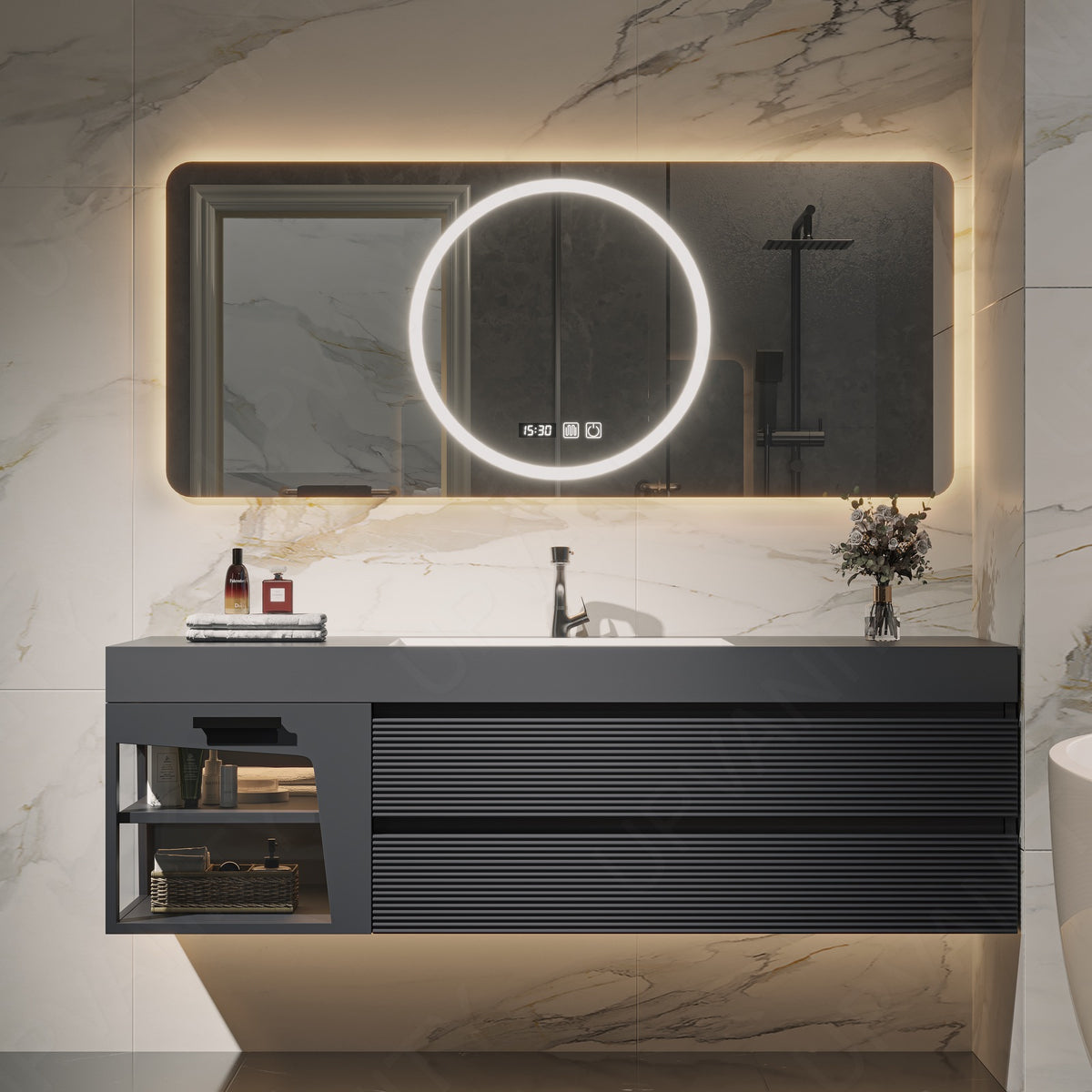 Modern Bath Vanity Set, Gray, Striped Panel, Glass Door, 40"-64", Single, Floating, Sectional Storage, Smart LED Mirror