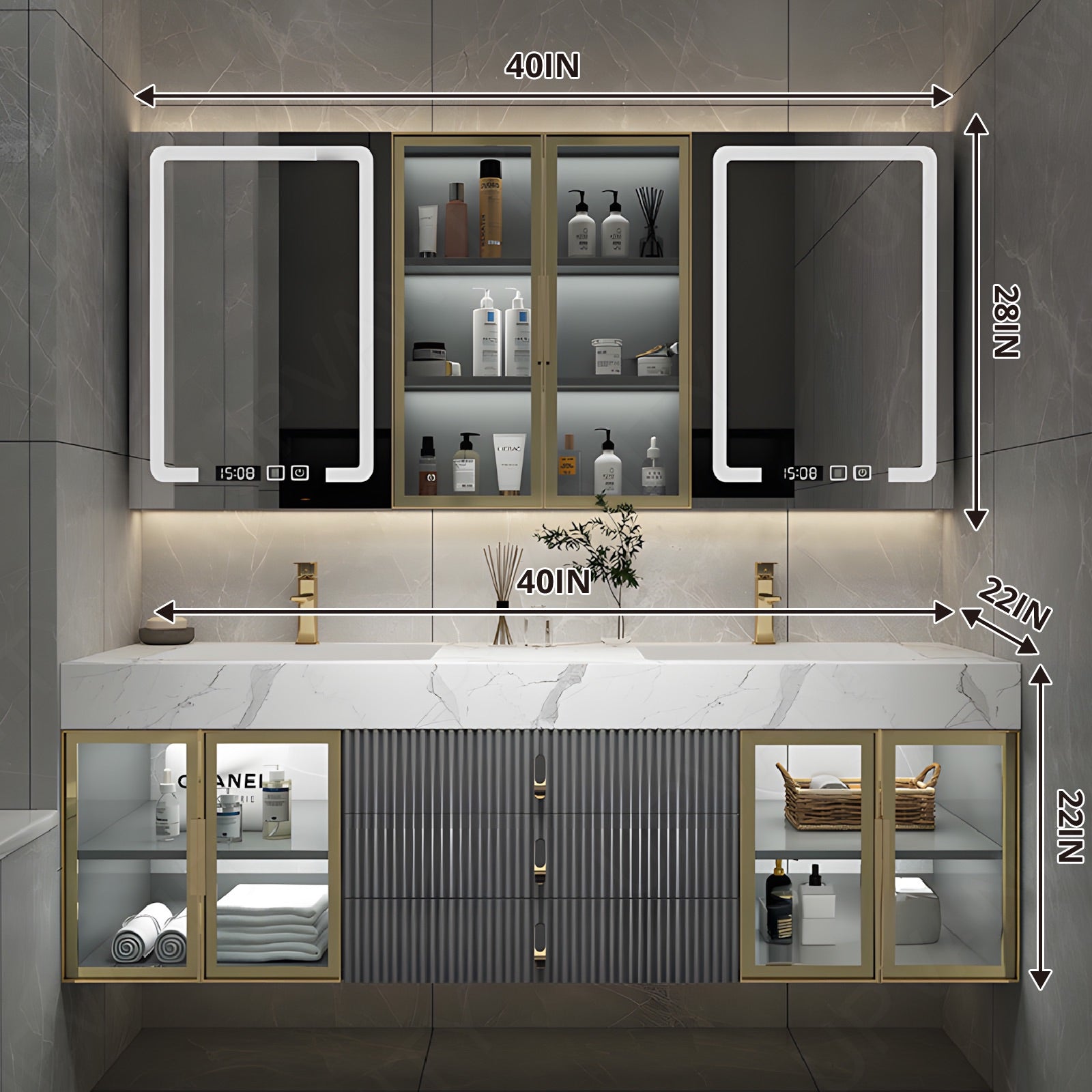 Modern Bath Vanity Set, Gray, Striped Panel, Marble Textured Top, 40"-64", Double, Floating, Glass Door, Smart LED Mirror, Rear Cabinet