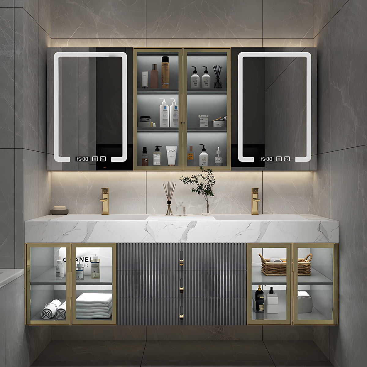 Modern Bath Vanity Set, Gray, Striped Panel, Marble Textured Top, 40"-64", Double, Floating, Glass Door, Smart LED Mirror, Rear Cabinet