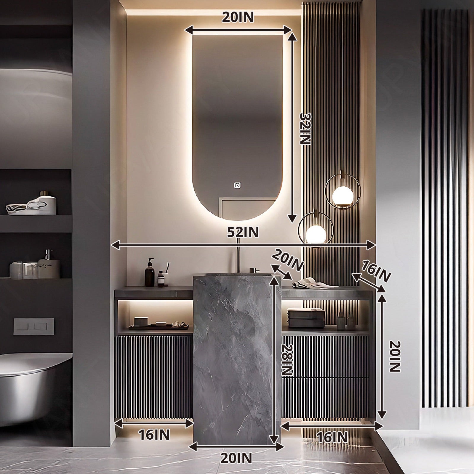 Modern Bath Vanity Set, Gray, Striped Panel, Textured Column, 44"- 72", Single, Freestanding, Smart LED Mirror