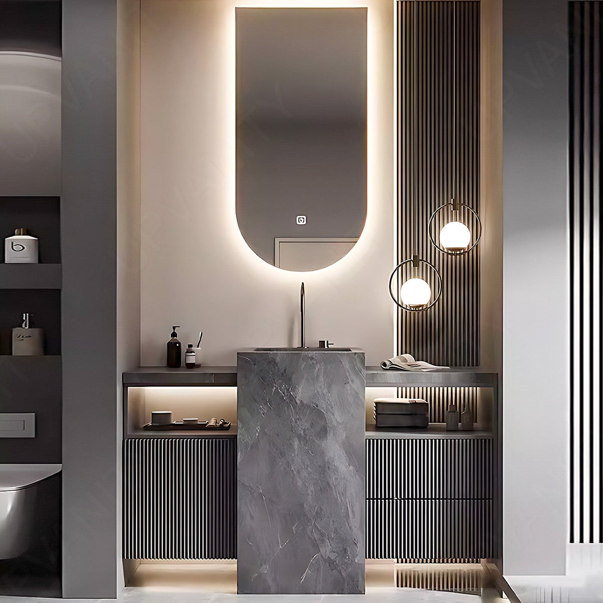 Modern Bath Vanity Set, Gray, Striped Panel, Textured Column, 44"- 72", Single, Freestanding, Smart LED Mirror