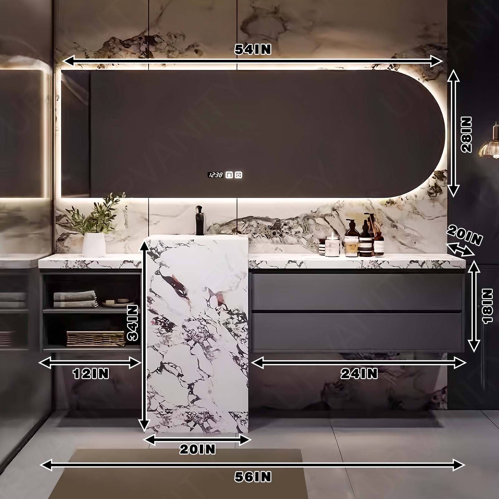 Modern Bath Vanity Set, Gray, Textured Column, 48"- 68", Single, Freestanding, Smart LED Mirror