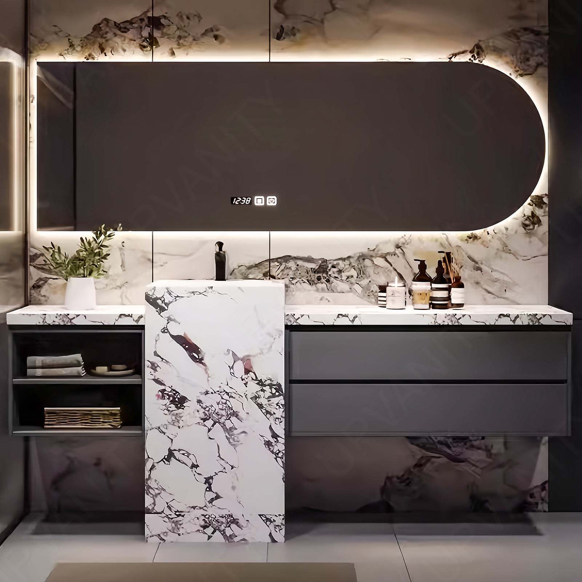 Modern Bath Vanity Set, Gray, Textured Column, 64"- 76", Single, Freestanding, Smart LED Mirror