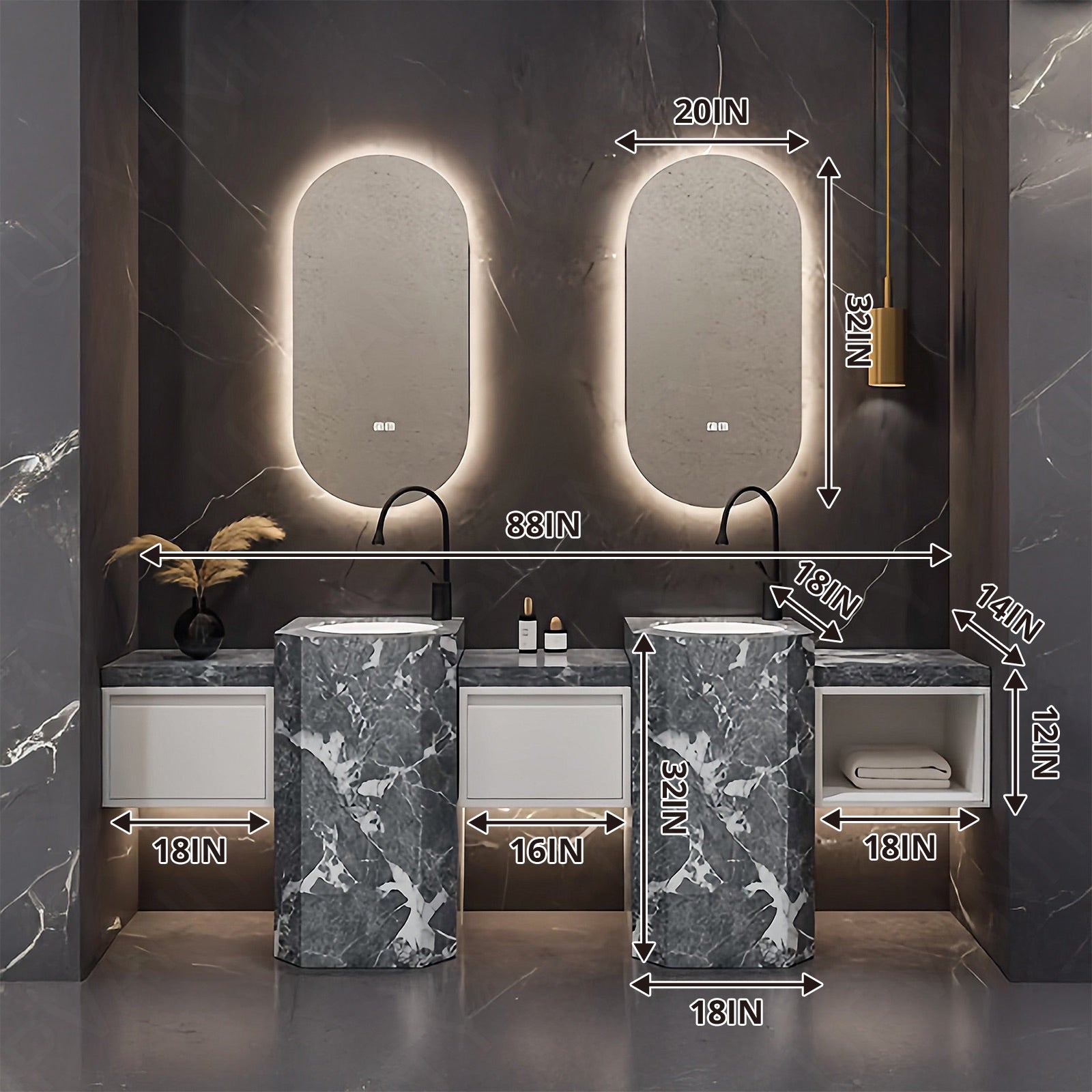 Modern Bath Vanity Set, Gray, Textured Column, 72"- 100", Double, Freestanding, Oval Smart LED Mirror