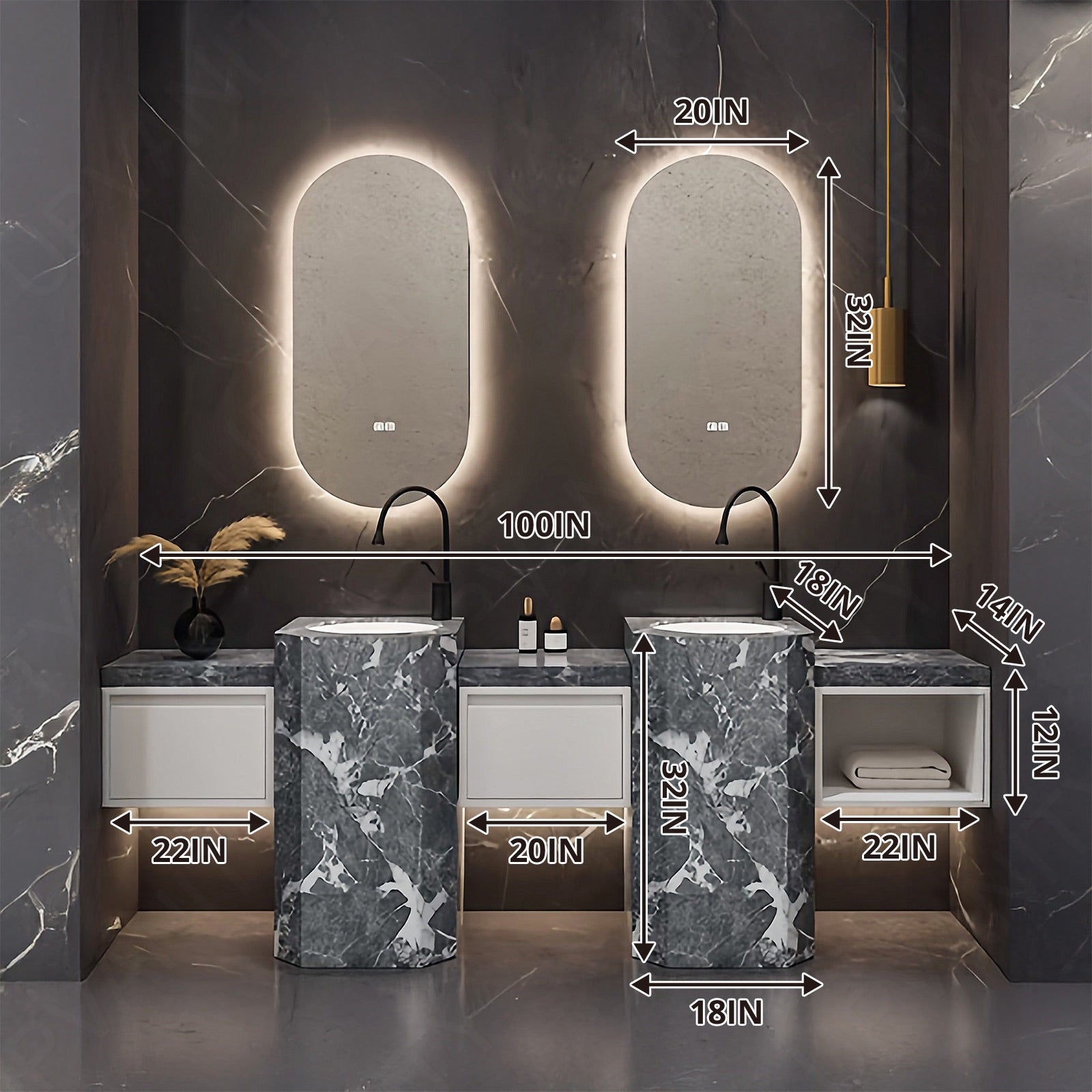 Modern Bath Vanity Set, Gray, Textured Column, 72"- 100", Double, Freestanding, Oval Smart LED Mirror