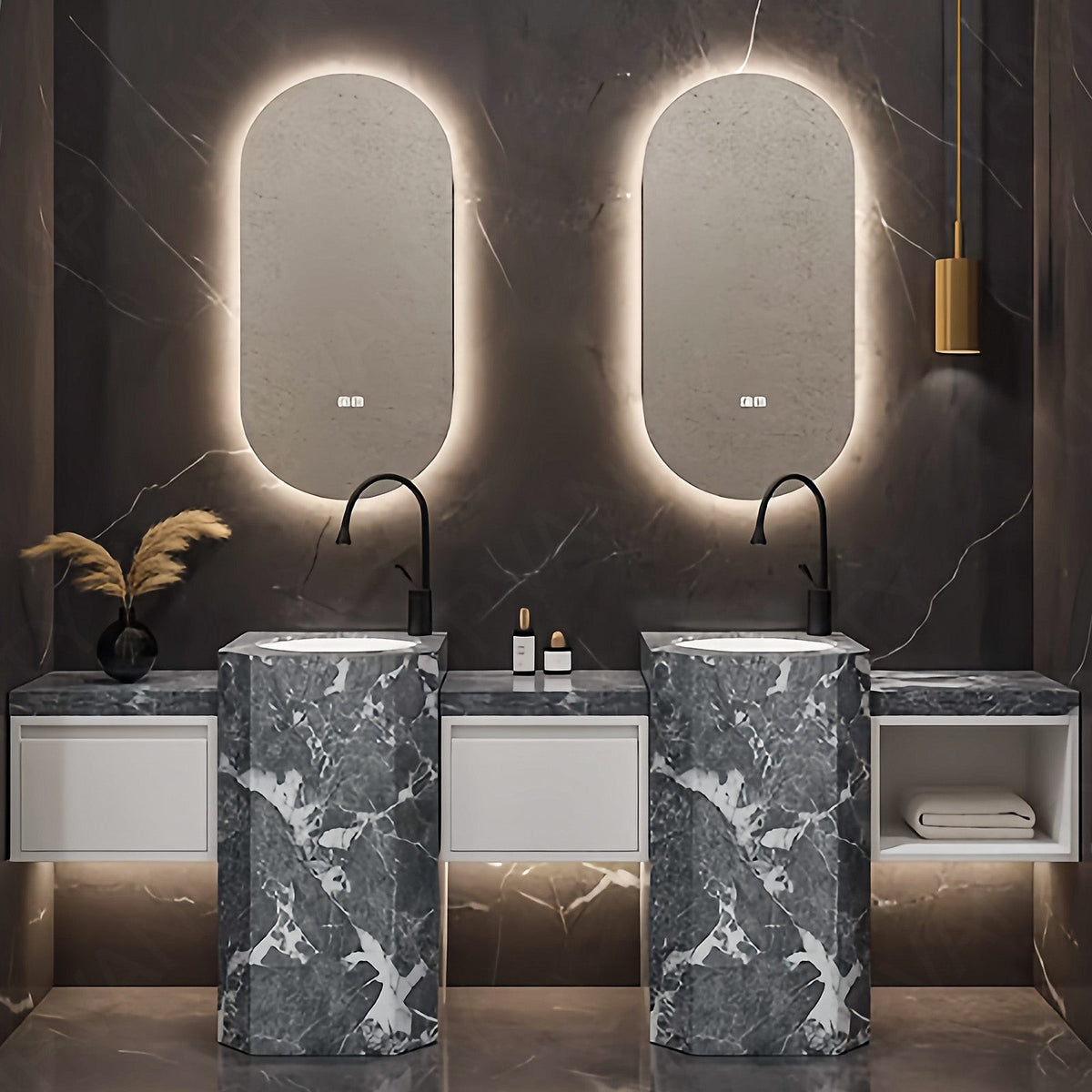 Modern Bath Vanity Set, Gray, Textured Column, 72"- 100", Double, Freestanding, Oval Smart LED Mirror