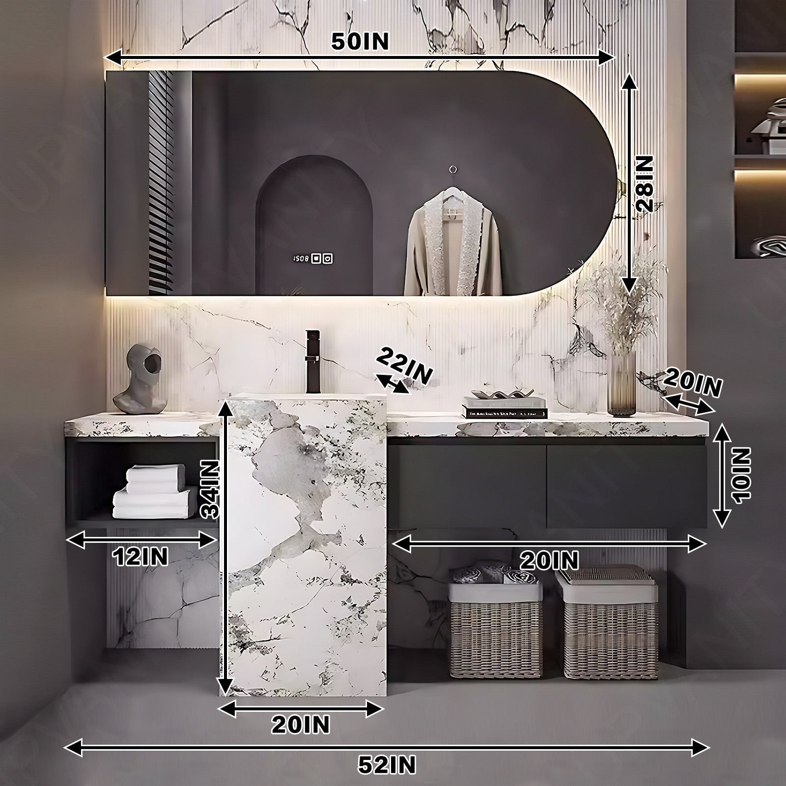 Modern Bath Vanity Set, Gray, Textured Column, White Marble Textured Top, 52"- 76", Single, Freestanding, Oval Smart LED Mirror