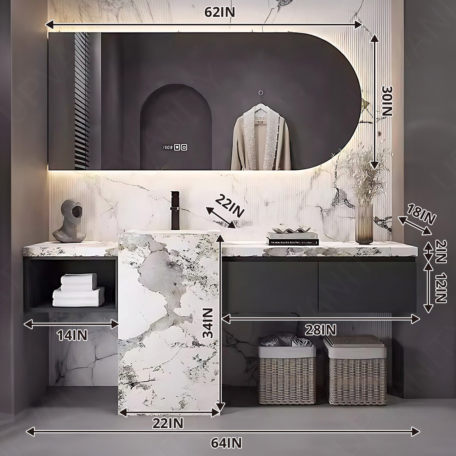 Modern Bath Vanity Set, Gray, Textured Column, White Marble Textured Top, 64"- 76", Single, Freestanding, Oval Smart LED Mirror