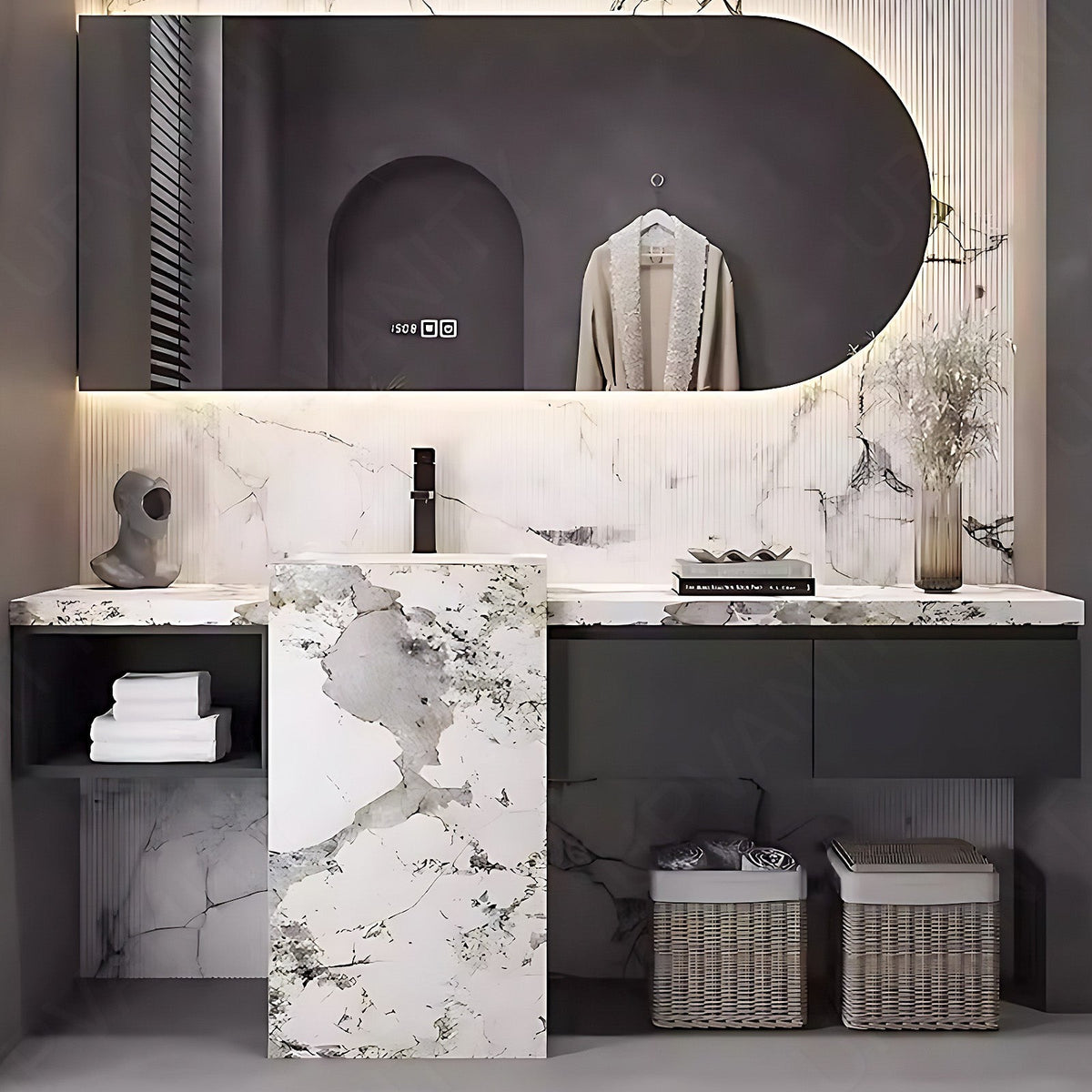 Modern Bath Vanity Set, Gray, Textured Column, White Marble Textured Top, 64"- 76", Single, Freestanding, Oval Smart LED Mirror